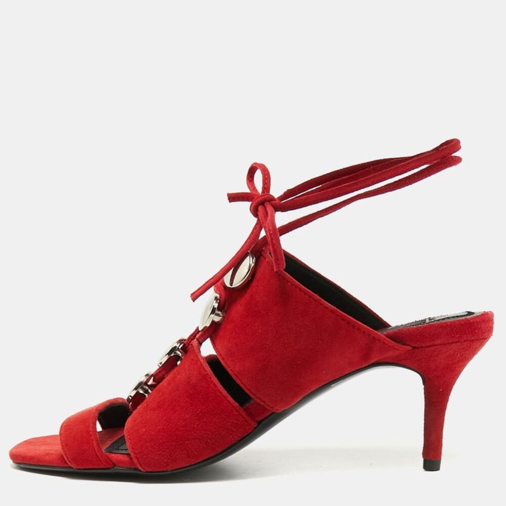 Alexander Wang Size 37 Red Suede Studded Caged Slide Sandals